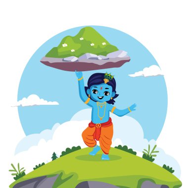 Avatar of Cute Lord Krishna Lifting Govardhan Mountain with His Little Finger on the Occasion of Govardhan Puja After Diwali, Can Be Used for Greeting Card. clipart