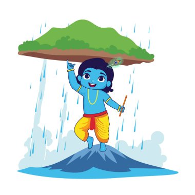 Avatar of Cute Lord Krishna Lifting Govardhan Mountain with His Little Finger During Heavy Rain on the Occasion of Govardhan Puja After Diwali, Can Be Used for Greeting Card. clipart