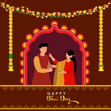 Ağabeyinin Alnına Tilak Uygulayan Hintli Kız Kardeş Mutlu Bhai Dooj Festivali 'nde, tebrik kartı olarak kullanılıyor..