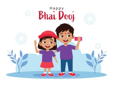 Vector Illustration of Indian Brother and Sister Taking Selfie After Celebrating Bhai Dooj Festival, Can Be Used for Greeting Card. clipart