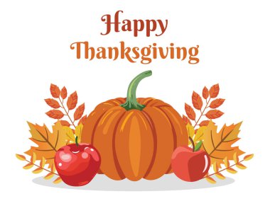 Mutlu Şükran Günü Poster Tasarımı: Balkabağı, Elma ve Sonbahar Yaprakları Beyaz Arkaplanda.