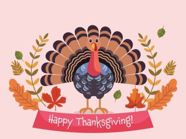 Çizgi film Hindi Kuş Karakteri ve Pembe Arkaplanda Sonbahar Yaprakları ile Şükran Günü Tebrik Kartı.