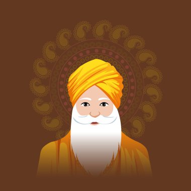 Guru Nanak Jayanti karşılama kartı ve Guru Nanak Dev Ji Karakteri Kahverengi Mandala Arkaplanı ve Boşluğu Kopyala.