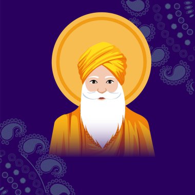 Guru Nanak Jayanti karşılama kartı Guru Nanak Dev Ji Karakteri ile Mor Mandala Arkaplanı ve Boşluğu Kopyala.