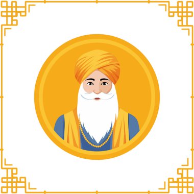 Guru Nanak Jayanti karşılama kartı Guru Nanak Dev Ji Karakteri ile Sarı ve Beyaz Arkaplan ve Boşluğu Kopyala.