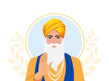 Guru Nanak Jayanti 'nin Beyaz Arkaplanda Guru Nanak Dev Ji Lütuf Verme ve Boşluğu Kopyalama Kartıyla Mutlu Guru Nanak Karşılama Kartı.