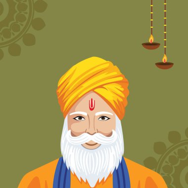 Guru Nanak Jayanti 'nin Guru Nanak Dev Ji Karakteri, Işık yağı lambaları (Diya) ile Mutlu Guru Nanak Jayanti karşılama kartı.