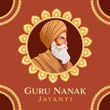 Guru Nanak Jayanti tebrik kartı ve Guru Nanak Dev Ji Karakteri Yanmış Kahverengi Arkaplan Çerçevesinde.