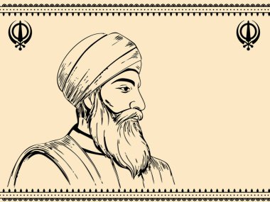 Bej Arkaplan Üzerine Sakallı Sikh Adam (Guru Nanak veya Guru Gobind Singh) ve Khanda Sembolü Çizimi.