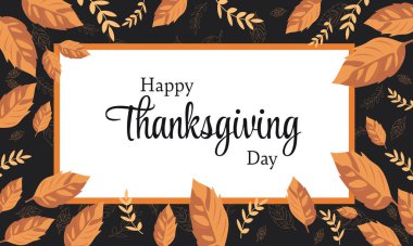 Mutlu Şükran Günü Bayrağı Tasarımı Siyah ve Beyaz Arkaplanda Sonbahar Yaprakları ile süslendi.