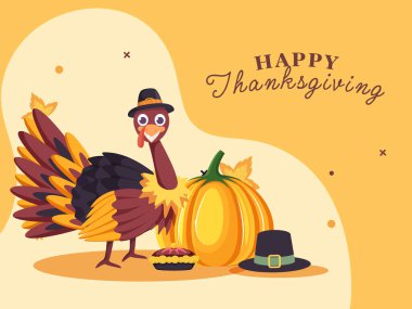 Mutlu Şükran Günü Poster Tasarımı Çizgi film Hindi Karakteri, Hacı Şapka, Turta Keki ve Sarı Arkaplanda Balkabağı.