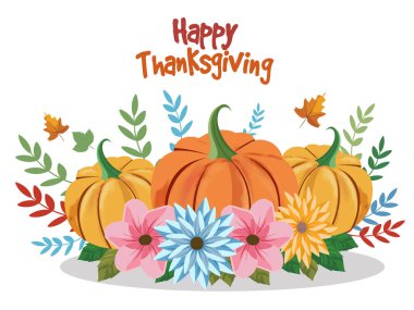 Üç Balkabağı, Güzel Çiçekler ve Beyaz Arkaplanda Sonbahar Yaprakları ile Mutlu Şükran Günü Posteri.