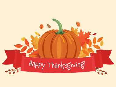 Happy Thanksgiving Day Greeting Card with Autumn Leaves and Pumpkin Decorated Background. clipart