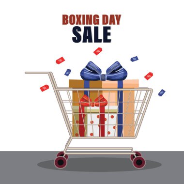 Beyaz Arkaplanda Alışveriş Arabası ile Boks Günü Afiş Tasarımı.
