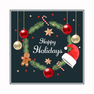Karanlık Arkaplanda Noel Elementleri ile süslenmiş Mutlu Bayramlar Kartı.