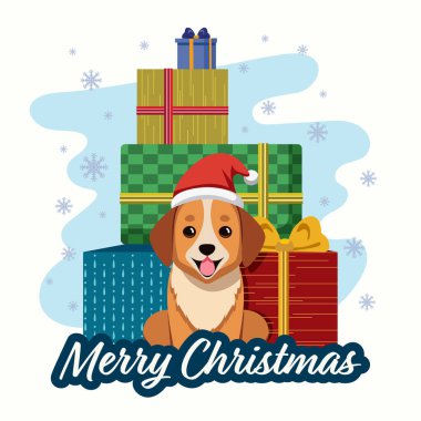 Karikatür Köpek Karakteriyle Mutlu Noeller ve Kar Taneleri 'nin Beyaz Arkaplanındaki Hediye Kutuları.