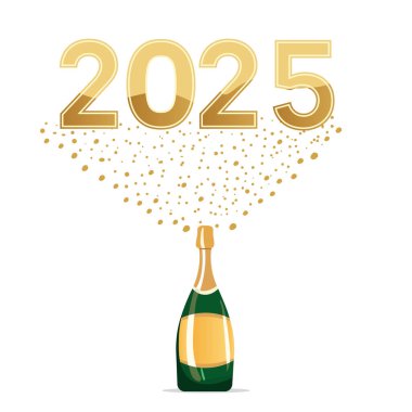 Yeni Yıl Kutlamaları 'nın 2025 Sayılı Uçan Sayısıyla Açık Şampanyanın İllüstrasyonu Mutlu Yeni Yıl Vektör Resimleri.