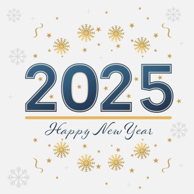 Altın Konfeti ve Kar Tanesi Süsleme Vektörü İllüstrasyonlu Mutlu Yıllar 2025 Tebrik Kartı Tasarımı.