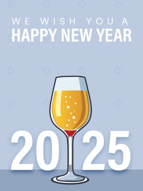 Size Mutlu Yıllar Kart Tasarımı Diliyoruz 2025 Numaralı ve Gri Arkaplan Resimli Altın Şampanya Bardağı.
