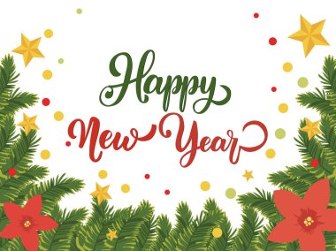 Yeni Yıl Kutlama Kartı Tasarımı Dekorasyonunuz Köknar Yaprakları, Poinsettia Çiçek Vektör İllüzyonu.