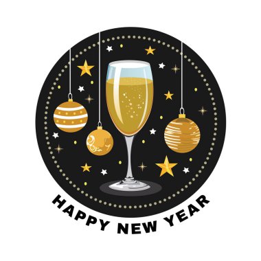 Yeni Yıl Kutlama Kartı Tasarımı: Şarap Kadehi ve Karanlık Arkaplan Vektör Resimleri Dekorasyonu.