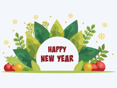 Happy New Year Greeting Card Design with Green Leaves and Baubles, Snowflake Decoration Vector Illustration. clipart