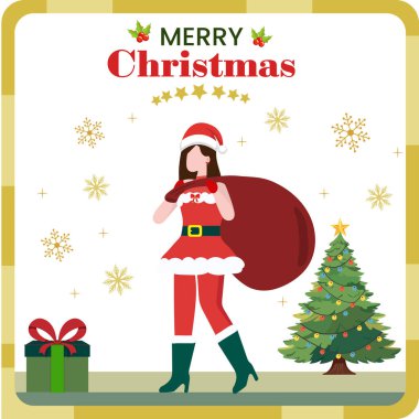 Bayan Noel Baba çizgi filmiyle mutlu Noeller. Kırmızı bir çuval hediye paketi ve Noel ağacı taşı. Beyaz arka planda kar tanesi süslemesi..