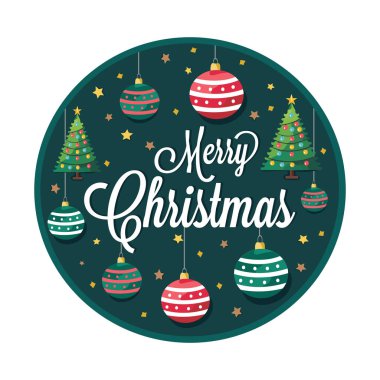 Baubles, Xmas Tree Çizimleri ile Mutlu Noeller Yuvarlak Çerçevesi.