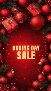 Boxing Day Sale Template Photo - festive holiday graphic featuring red Christmas ornaments and presents, with the words Boxing day written in gold cursive font. The background is a deep red color, with a subtle gradient effect that gives the image a  clipart