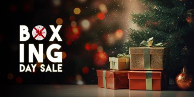 Boxing Day Sale Banner Photo - a wrapped gift placed next to a Christmas tree, creating a festive holiday atmosphere. The presents are arranged beneath the tree, waiting to be opened and shared. clipart