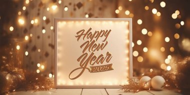 2025 Marquee Frame Mutlu Yıllar Banner Photo - büyük dikdörtgen ışıklı bir tabela ya da arkasında parlak beyaz ışıklar parlayan bir ekran. Işıklar bir iple ayarlanmış, tabelaya göz alıcı ve şenlikli bir görünüm kazandırıyor. İşaret beliriyor