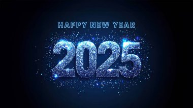 2025 Karanlık Arkaplan Üzerine Parıltılı Yazılı Mutlu Yeni Yıl Afişi.