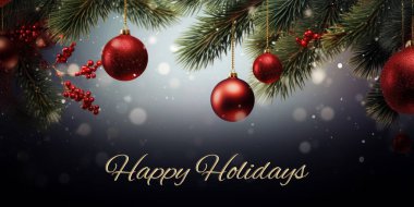 Happy Holidays Banner Photo - a festive, snowy Christmas tree adorned with red ornaments. It creates a warm, holiday atmosphere and showcases the beautiful, colorful details of the decorations.				