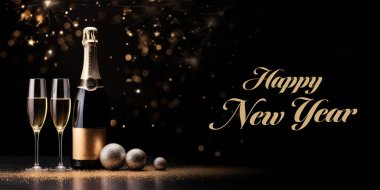 Happy New Year Celebration Banner Photo - a beautifully decorated champagne bottle, sitting next to a cluster of sparkling gold confetti. The bottle and confetti are placed on a shiny surface, creating a festive atmosphere for a special occasion.				