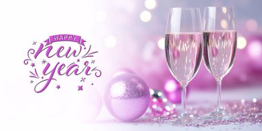 Cheers to Happy New Year Celebration Banner Photo - A festive New Year's Eve scene, featuring two champagne flutes filled with champagne, accompanied by pink ornaments and glitter on a white surface. The background is blurred, with pink and white lig clipart