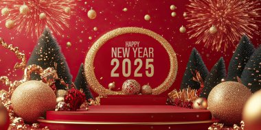 2025 Mutlu Yeni Yıl Kutlama Çerçevesi Kürsüde Kırmızı ve Altın Renkli Noel Festivali Elementleri ile çevrili.
