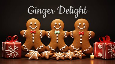 Merry Christmas Ginger Delight Banner with Cute Gingerbread, Star Cookies and Gift Boxes on Dark Background Photo. clipart