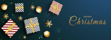 Mutlu Noeller Bayrak Tasarımı En İyi Hediye Kutuları, Altın Mücevherler ve Mavi Arkaplanda Süslemeli Kar Taneleri.