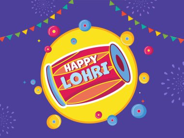 Soyut Mor ve Sarı Arkaplan Aracı Dhol Aracı ile Mutlu Lohri Kutlama Posteri.