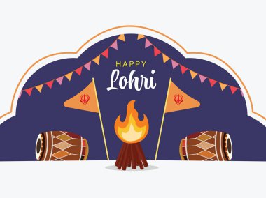 Dhol Aletleri, Şenlik Ateşi, Khanda Bayrakları ve Bunting Bayraklarıyla Mutlu Lohri Kutlama Posteri.