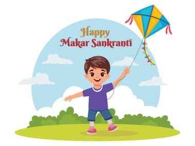 Mutlu Makar Sankranti Poster Tasarımı Çizgi Çocuk Uçurtma Park veya Bahçe Sahnesi.