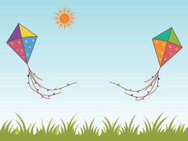Mutlu Makar Sankranti Konsepti için Çimenlerin Üzerinde Renkli Uçurtmalar ve Güneş.