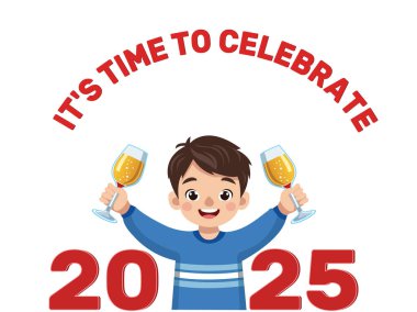 Çocuk İçki Kadehleri ve Beyaz Arkaplanda 2025 Yeni Yıl Arifesi 'nin Çizgi Filmi.