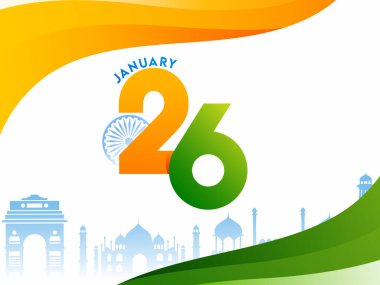 Hindistan ile 26 Ocak Metni Mutlu Cumhuriyet Günü Kutlaması için Üç Renkli Arkaplan Ünlü Anıtları.