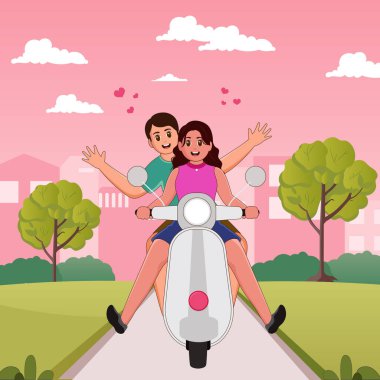 Mutlu Sevgililer Günü ve Arkadaşlık Günü için Doğa Manzarası ile çevrili Neşeli Çift Scooter Sürüşünün Vektör İllüstrasyonu.