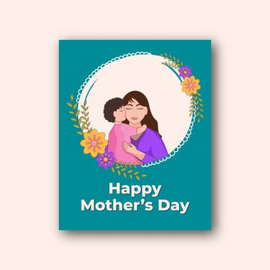 Anneler Günü Kartın kutlu olsun. Çizgi film Anne ve Çocuk Birbirine Kucaklaşıyor..