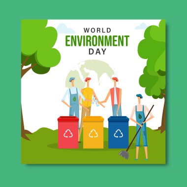 Geri Dönüşüm ve Toplum İnsanlarının Sağlıklı Gelecek Resimleri İçin Toprakta Çöpleri Temizlediği Dünya Çevre Günü Posteri.