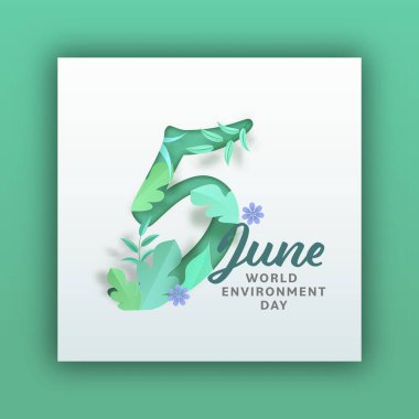 5 Haziran, Dünya Çevre Günü Poster İçin Yeşil Yapraklar ve Çiçek Tasarımı Madalyası.