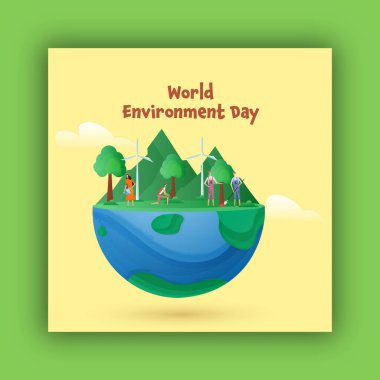 Sağlıklı Gelecek Çizimleri İçin Dünya Gezegeni 'nde Çöpleri Temizleyen Geri Dönüşüm ve Toplum İnsanlarıyla Dünya Çevre Günü Posteri.