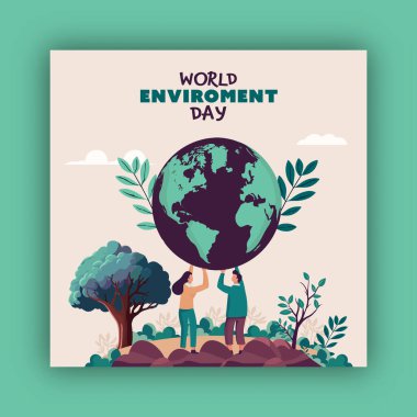 Dünya 'yı Kurtarmak İçin Bir Dünya Gezegeni Tutan Erkek ve Kadın Karakterli Dünya Çevre Posteri.